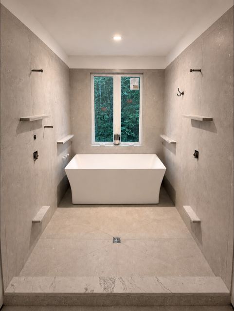Stone-look wet room with a freestanding tub and twin niches